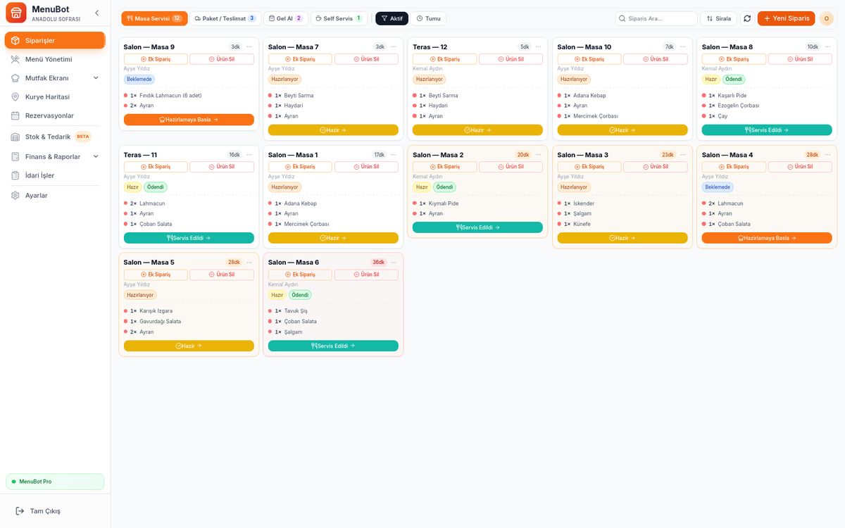MenuBot Partner orders board with table cards (demo restaurant)