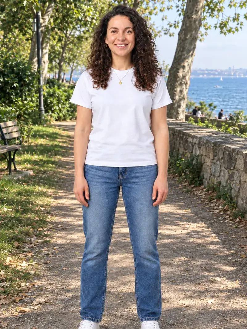 Before: a model in a white T-shirt and jeans