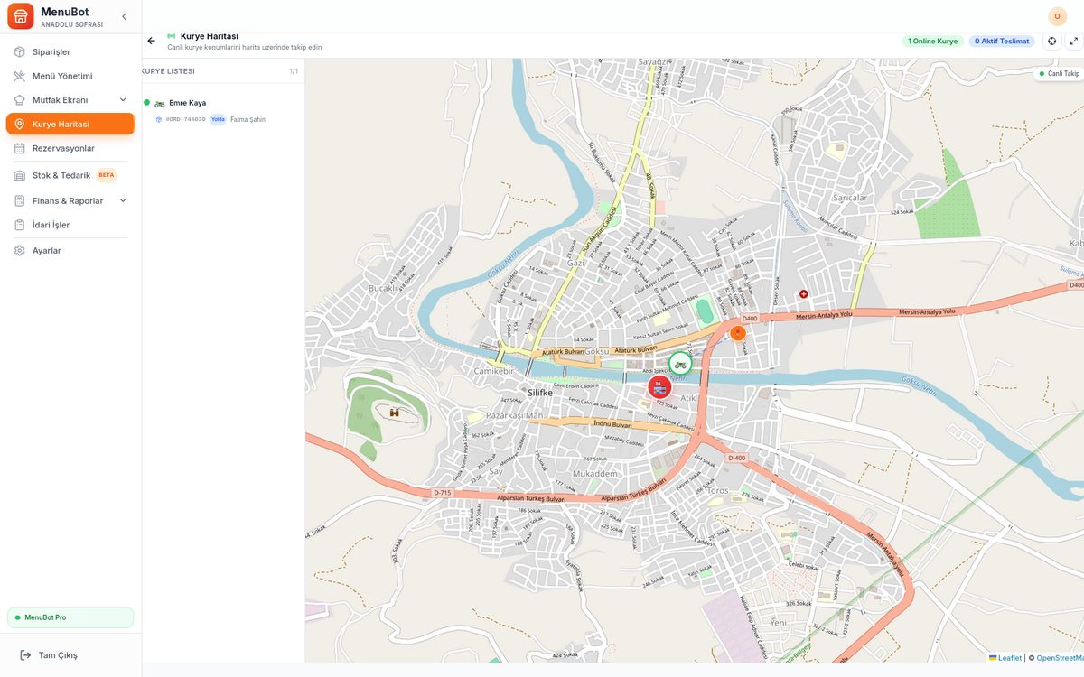 MenuBot Partner courier map: courier Emre Kaya with order ORD-744039 on the way (demo data)