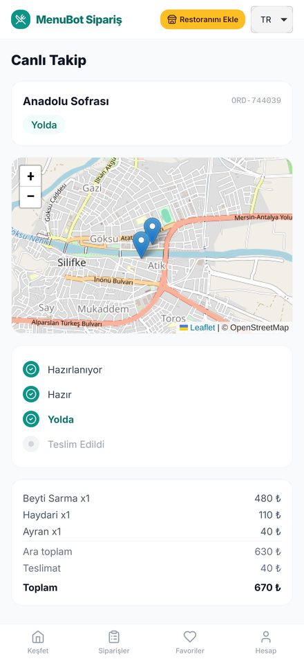 MenuBot Order live tracking for ORD-744039, status on the way (demo data)